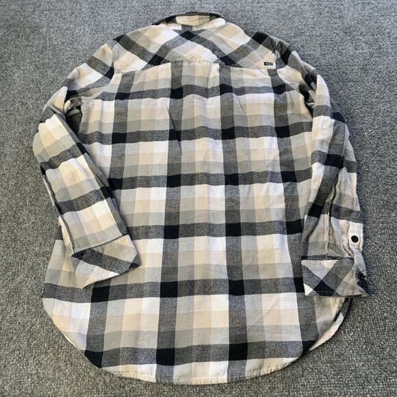 Volcom Flannel Shirt Women’s Small Black Beige White Check Plaid “Thin Layer” - Picture 2 of 15